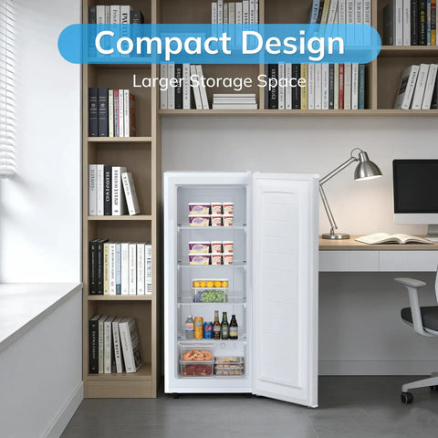 Compact Upright Freezer With 6 Cubic Feet Capacity And Seven Temperature Settings in a modern office setting.
