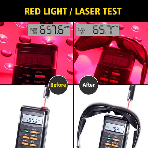 Tough As Nails Laser Safety Glasses For IPL Hair Removal With Broad Spectrum Protection in red light laser test images.