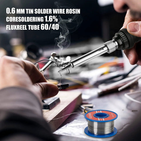 Person using 60W Soldering Iron Kit With 5 Interchangeable Tips And 10 In 1 Adjustable Temperature Soldering Tool For Electronics Repair Fast Heat 110V Perfect For DIY Hobbyists And Professional Electronics Repair Projects on a circuit board