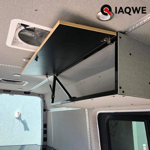 Pair Of 7.5 Inch Gas Struts With 30 Pound Force, Smooth Kick Cabinet Door Lift Shocks For Storage Boxes, Includes Bolt On Mounting Hardware, Straight Shooters For Your Weekend Workshop mounted on a cabinet.