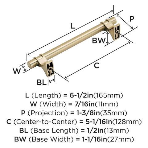 Davenport Champagne Bronze Cabinet Pull Six and a Half Inch Overall Length Five and One Sixteenth Inch Center to Center diagram
