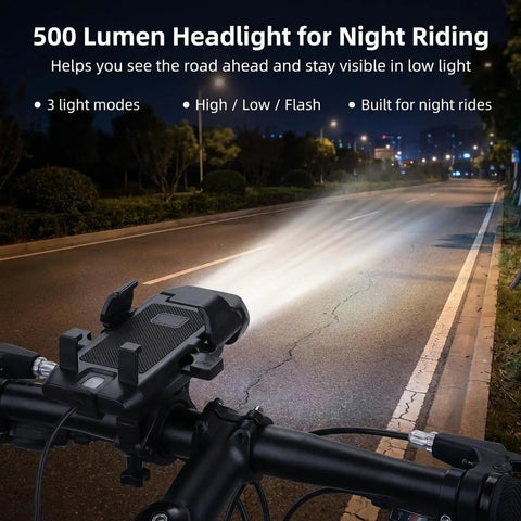 4 In 1 All In One Bike Phone Mount With LED Headlight And 130dB Horn, 3000mAh USB Backup Charger And Secure Handlebar Phone Holder For Road, Mountain And E Bikes, Night Ride Safety And Easy Install