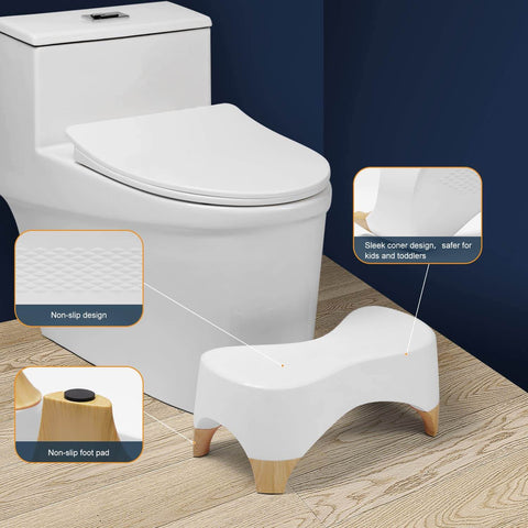 Squat Toilet Stool For Adults And Kids, 7 Inch Tall, Non Slip Poop Stool With 550 Lbs Capacity, White And Bamboo Color next to toilet