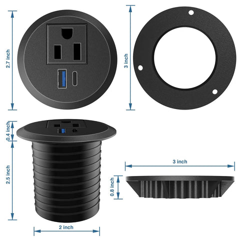 2 Inch Desk Power Grommet Outlet With USB C And USB A Recessed Power Strip for Office and Home dimensions and design