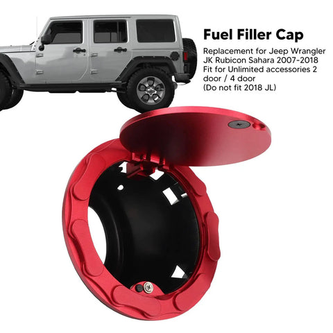 Red Fuel Filler Door Cover Replacement For JK Sahara 2007 2018 Fits Like OEM Tight Seal Easy Install Durable Gas Door For Wrangler Gas Cap Filler Panel shown with open lid