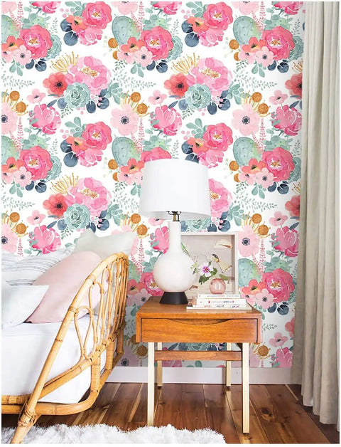 Removable Peel And Stick Floral Wallpaper With Cactus Pink Navy Pattern Easy Stick And Go Self Adhesive Repositionable on bedroom wall.