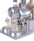 Detailed view of Top-Tier Stirling Engine Generator Model Set 3 twin-cylinder brass and aluminum setup with glass vessels.