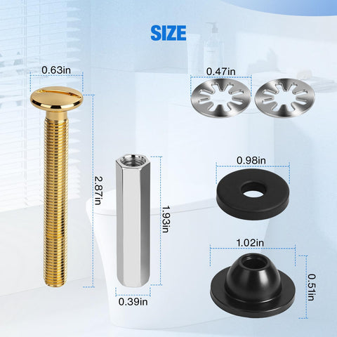 Universal Toilet Seat Bolt Kit With Copper Plated Screws Long Lock Nuts And Rubber Washers size dimensions on white background