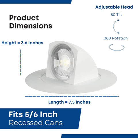 Adjustable Five To Six Inch Scoop Recessed LED Downlight Kit, 3000K Bright White, Dimmable, 3.6x7.5 inch dimensions, 80° tilt
