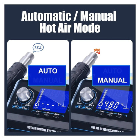 All In One Desoldering And Rework Station with Automatic and Manual Hot Air Mode display and control knob close-up
