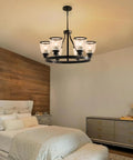 Bedroom with chandelier using 4 Pack White Frosted Glass Lamp Shades For Easy Light Swap, 5 In Height, 4.6 In Diameter, 1.65 In Fitter