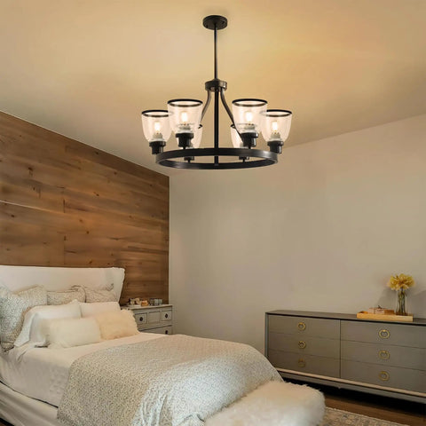 Bedroom with chandelier using 4 Pack White Frosted Glass Lamp Shades For Easy Light Swap, 5 In Height, 4.6 In Diameter, 1.65 In Fitter