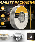 Close-up of Flux Core Gasless MIG Wire E71T GS 0.035 Inch Self Shielded Carbon Steel Welding Wire 10 Pound Spool in quality packaging.