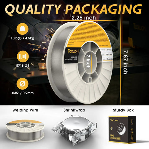Close-up of Flux Core Gasless MIG Wire E71T GS 0.035 Inch Self Shielded Carbon Steel Welding Wire 10 Pound Spool in quality packaging.