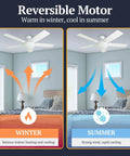 52 Inch Contemporary Indoor LED Ceiling Fan With Light No-Fuss Remote Control shown with reversible motor for winter and summer use.