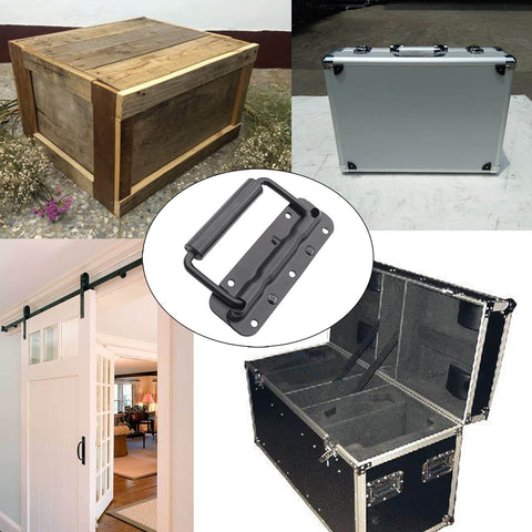 Two Pack Spring Loaded Chest Handle Pulls With Rubber Grip Surface Mount For Chests Trunks Crates And Storage Boxes Heavy Duty Thickened 2mm Iron Hardware Built To Last And Ready For Rough Indoor Outdoor Use shown with various applications.