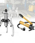 Rig Ready Split Hydraulic Gear Puller Kit With Remote Manual Pump And Heavy Gauge Hose For No Sweat Bearing Hub Extraction In Cramped Shops And Tight Bay Workspaces. Hydraulic puller and pump set.