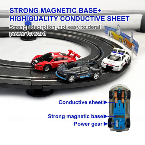 High Speed Slot Car Track Set With Dual Lanes, Four Officially Licensed Cars on track with magnetic base and conductive sheet