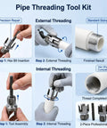 Dual Function 2 Pc Pvc Pipe Threading Kit With Electric Drill Adapter For Fast Internal External Threading Of One Half And Three Quarter Inch Plastic Pipes To Save Time On Home Improvement Plumbing Projects steps for internal and external threading, showcasing tool assembly and finished threaded pipe.