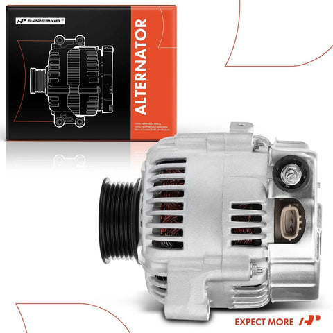 Alternator For Toyota Supra 1993 1998 L6 3.0L And Lexus SC300 1995 L6 3.0L 12V 100A CW 6 Groove Pulley Direct Fit Replacement With OE Style Mounting Reliable Beefed Up Drop In Upgrade, shown with packaging
