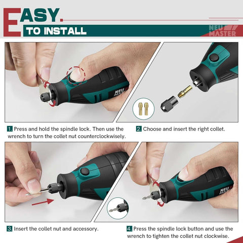 NEU MASTER 180W corded rotary tool with teal/black body and 160 accessory set for DIY crafts.