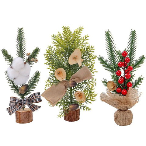 Three Piece Tabletop Christmas Tree Set Ready To Display Mini Artificial Xmas Trees with red berries, pinecones, nuts, and bows.
