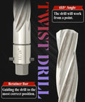 Close-up of twist drill with 135-degree angle and retainer bar for precise drilling.