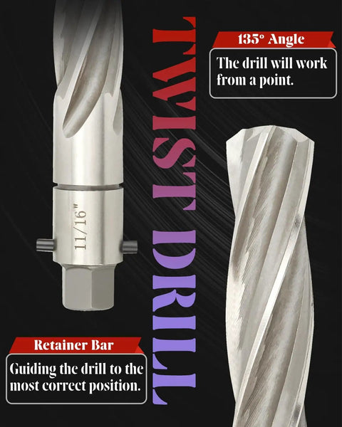 Close-up of twist drill with 135-degree angle and retainer bar for precise drilling.