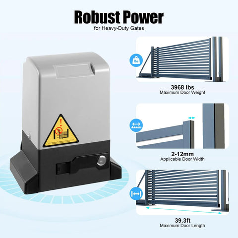 Automatic Sliding Gate Opener 750W Electric Gate Operator with specs for gate weight, width, and length.