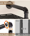 Industrial Pipe Wall Mounted Garment Rack With Walk In Closet System, Four Expandable Rods And Six Adjustable Shelves, close-up of assembly