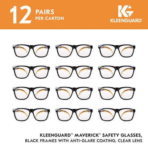 Maverick Eye Protection Glasses With Clear Anti Glare Lenses, Black Frame And Orange Tips, Modern Lightweight Safety Eyewear For Work, ANSI Z87.1 Certified, 12 Pairs Per Case