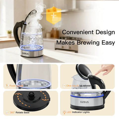 Fast Boil Electric Water Kettle 1.8L with Auto Shut Off Boil Dry Protection BPA Free Borosilicate Glass and Stainless Steel