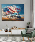 American Steam Train Tapestry With Dope Star Spangled Smoke And Flag Design Locomotive Wall Hanging For Living Room Bedroom Dorm Classroom 40x30 Inches Premium Polyester Decor For Any Space, displayed in a modern living room.