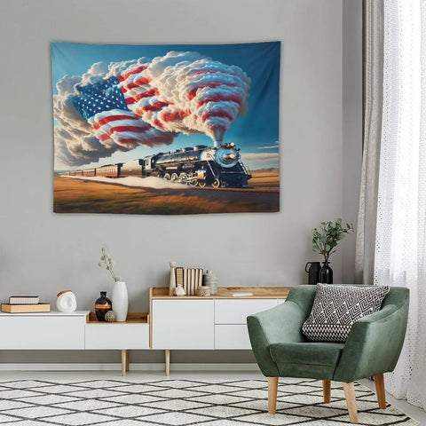 American Steam Train Tapestry With Dope Star Spangled Smoke And Flag Design Locomotive Wall Hanging For Living Room Bedroom Dorm Classroom 40x30 Inches Premium Polyester Decor For Any Space, displayed in a modern living room.
