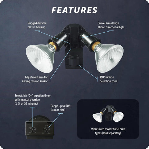 Diagram of Dual Head Motion Sensor Security Flood Light 240W 110 Degree Detection 60 Foot Range with features labeled
