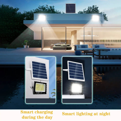 JUDYSSY Solar Light40W 60W 100W 200W, Solar Flood Light showcasing smart solar panel charging and bright LED light outdoors.