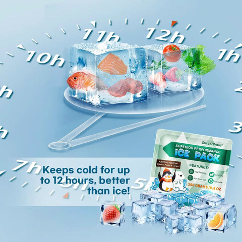 Five Pack Reusable Ice Packs For Lunch Boxes And Coolers, 12 Plus Hour Cooling Gel Packs For Camping, Beach, Office, with food images