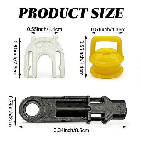 Product components and sizes for Five Piece Transmission Shifter Linkage Cable Bushing Repair Kit Fits Chevy Silverado 1500 2500 3500 Buick Cadillac GMC RAM For Durable ABS And Silicone Rubber Smooth Shifts And Long Lasting Performance shown.