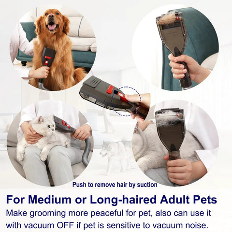 Dog Hair Vacuum Attachment For Vacuum Cleaners Pet Grooming Tool with extension hose in use on dogs and cats.