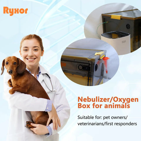 Veterinarian holding dog beside All-In-One Pet Oxygen Chamber And ICU Nest For Cats, Dogs, And Small Exotic Pets, Gray Intermediate Size