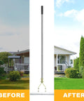 Dethatching Rake For Lawn Care, 15 Inch Wide Thatch Rake With Stainless Steel Tines, Adjustable Handle, 58.5 Inch Length For Dead Grass Removal shown with before and after lawn images