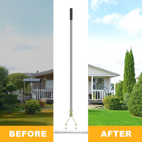 Dethatching Rake For Lawn Care, 15 Inch Wide Thatch Rake With Stainless Steel Tines, Adjustable Handle, 58.5 Inch Length For Dead Grass Removal shown with before and after lawn images