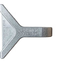 Patented Safety Bar Door Stop for Tension Hinged Doors, metal construction, side view displaying hinge attachment design.