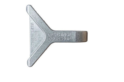 Patented Safety Bar Door Stop for Tension Hinged Doors, metal construction, side view displaying hinge attachment design.