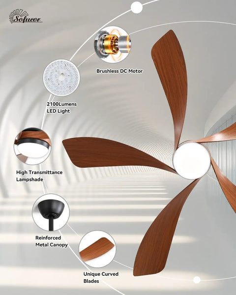 52 Inch Smart Ceiling Fan With Lights And Remote For Indoor And Outdoor Use, features detail with wooden blades, LED light