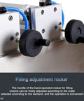Close-up of filling adjustment rocker on Heavy Duty Stainless Steel Liquid Filler Double Head Pneumatic Bottle Machine.