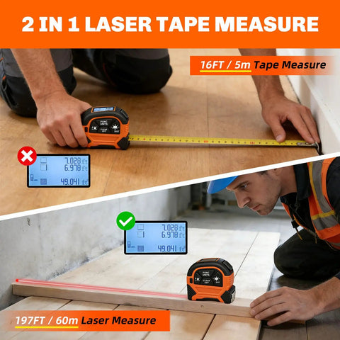 2-In-1 Laser Tape Measure With 197 Ft Laser Range And 16 Ft Manual Tape, Magnetic Hook, Pythagorean, Area And Volume Calculator, Digital Measuring Tool For Woodworking And DIY Projects, measuring floor and wall