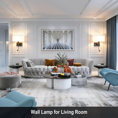 Luxurious living room showcasing hardwired black wall sconce with USB port and reading lamp, linen fabric shade bedside wall light.