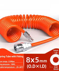 Premium Extra Heavy Duty PU Compressor Hose With A Snappy Flexible Spring Like Fit For Pneumatic Tools, Orange 12X8MM 33Foot Pro Garage Ready Air Tubing Setup coiled with fitting, 8x5mm size.