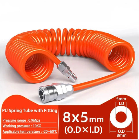 Premium Extra Heavy Duty PU Compressor Hose With A Snappy Flexible Spring Like Fit For Pneumatic Tools, Orange 12X8MM 33Foot Pro Garage Ready Air Tubing Setup coiled with fitting, 8x5mm size.